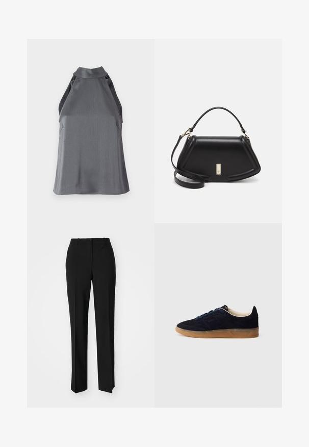 Haut sans manches texturé gris foncé avec un col montant et des découpes sur les côtés, posé à plat sur un fond blanc.; Pantalon noir ajusté avec une coupe droite, présentant une texture lisse et des plis nets sur le devant. Aucune quincaillerie visible.; Baskets en daim marine avec une semelle en caoutchouc gomme, des lacets bleus et un design minimaliste. Présentent un logo embossé sur le côté et une doublure intérieure lisse.; Sac à main en cuir noir avec un design structuré, featuring une forme cropped, une poignée supérieure et des accents en matériel doré. Bandoulière réglable incluse.