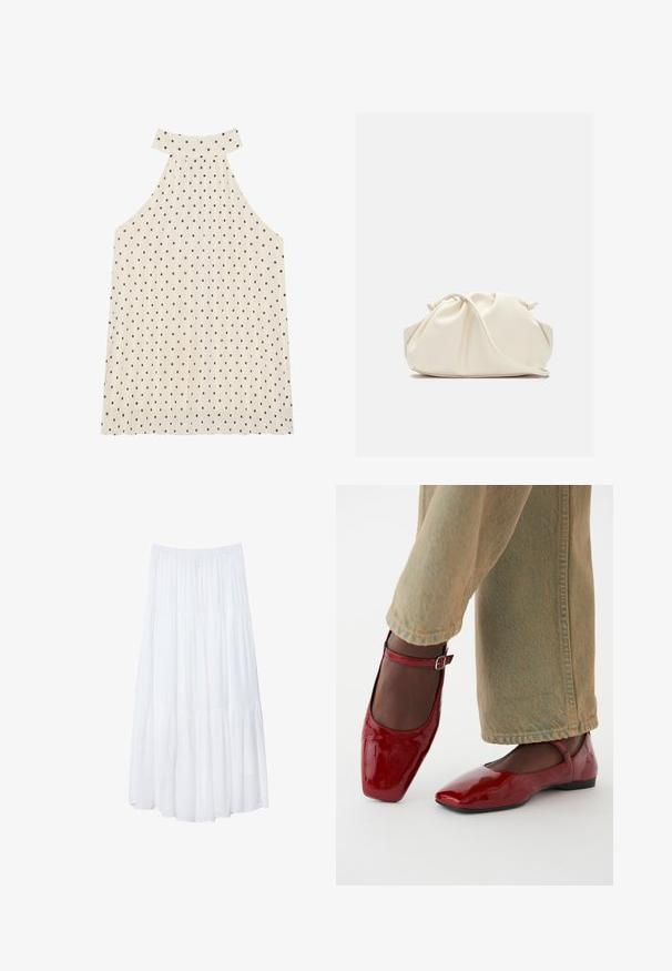 Ärmelloses Halftertop in Creme mit braunen Pünktchen, das über einen hohen Kragen und einen plissierten Stoff für zusätzliche Textur verfügt.; Weißer, gestufter Maxi-Rock aus leichtem Stoff. Verfügt über einen elastischen Bund und ein fließendes Design mit weicher, subtiler Textur.; Rote Lacklederschuhe mit quadrater Zehenform, niedrigem Absatz und Knöchelriemen, kombiniert mit hellgrünen weiten Jeans. Glatte Textur, reflektierende Oberfläche.; Cremfarbener, weicher Kunstlederbeutel mit gerafftem Design, verstellbarem Schultergurt und subtiler Kordelzug-Verschluss. Glatte Textur und runde Form.