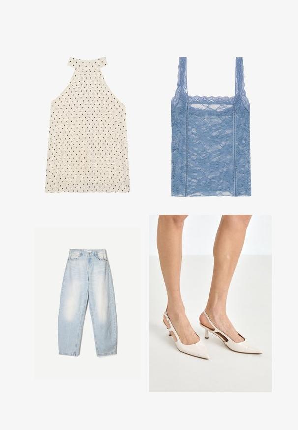 Bezramenný top s halter výstřihem v krémové barvě s hnědými puntíky, vyznačující se vysokým výstřihem a plisovanou tkaninou pro přidanou texturu.; Světle modrý krajkový tílko s tenkými ramínky, zdobené vlnitým krajkovým lemem a květinovým vzorem, navržené pro přiléhavý střih.; Světle modré džíny s volným střihem, s vybledlým povrchem, dvěma předními kapsami a zapínáním na knoflík v pase.; Béžové lakované lodičky na podpatku s špičatou špičkou a 5 cm podpatkem, se vykrojenými boky a tenkým kotníkovým páskem.