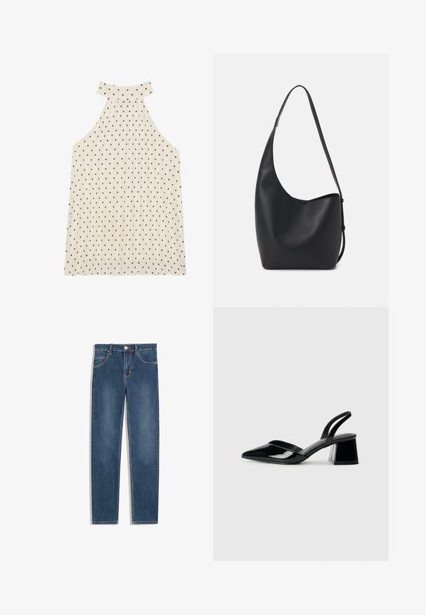 Mouwloze haltertop in crèmekleur met bruine stippen, met een hoge halslijn en geplooide stof voor extra textuur.; Donkerblauwe denim jeans met een rechte pasvorm, vijf zakken, subtiele stikdetails en een metalen knoop bij de taille.; Zwarte gepatineerde leren slingback hakken met een spitse neus en een geometrische blokhak. Kenmerkt zich door een slank, minimalistisch ontwerp en een gladde textuur.; Zwarte leren hobo tas met een gladde textuur, kromme vorm en een enkele verstelbare schouderband; heeft een brede opening aan de bovenkant.