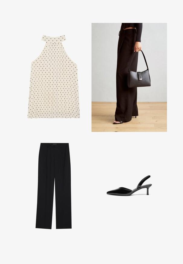 Beigi be rankovėmis halterio tipo viršus su rudiomis taškeliais, turintis aukštą apykaklę ir klostuotą audinį, suteikiantį papildomo tekstūros.; Juodos kelnes su tiesiomis sijonais, turinčios dvi priekinės kišenės ir juosmenį. Pagamintos iš lygios, lengvos medžiagos.; Juodos lakinės odos slingback kulniukai su smailiu priekiniu kraštu, žemu stiletto kulnu ir elegantišku, paprastu dizainu be dekoracijų.; Juodas rankinė struktūrizuota forma, lygi tekstūra ir metalinis užsegimas. Suporuota su plačiomis juodomis kelnėmis ir atvirais bateliais ant medinių grindų.; Auksiniai auskarai su įvairiais dizainais, įskaitant studus, žiedus ir kabančius modelius su perlų ir kristalų akcentais.