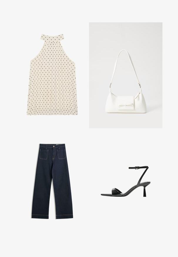 Ujjatlan pántos felső krém színben, barna pöttyökkel, magas nyakkal és pliszírozott anyaggal az extra textúra érdekében.; Sötétkék, széles szárú farmernadrág, eltérő bézs varrással, két hátsó zsebbel és gombos záródással a deréknál.; Bershka Magas sarkú szandálok - black; Fehér szintetikus kézitáska, háromszög alakú, lapos előlap, masni részlettel, állítható pánttal, sima textúrával és minimalista dizájnnal.