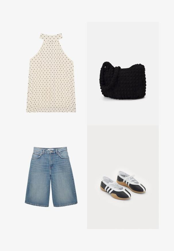 Bezramenný halter top v krémovej farbe s hnedými bodkami, s vysokým výstrihom a plisovanou látkou pre pridanie textúry.; PULL&BEAR Denimové šortky - blue denim; Čierne a biele športové topánky s elegantným dizajnom, gumovou podrážkou, šnurovaním a tromi bielymi prúžkami na bokoch.; Čierna látková taška s textúrovaným, prešívaným vzorom. Zaoblený tvar, krátke, hrubé rúčky a mäkká, flexibilná konštrukcia.