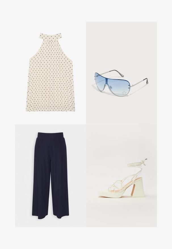 Top sem mangas tipo halter em creme com bolinhas castanhas, apresentando uma gola alta e tecido pregueado para adicionar textura.; Calças largas em tecido azul-marinho escuro com uma textura ribada. Apresenta uma cintura suave e uma silhueta fluida, atingindo o comprimento até metade da panturrilha.; Sandálias brancas de salto alto com um salto robusto, apresentando um design com tiras e amarração no tornozelo. Textura suave com uma plataforma na frente para altura adicional.; Óculos de sol aviador com lentes azuis em degradê, armação metálica prateada e detalhes decorativos de estrelas nas lentes. Design suave e elegante.