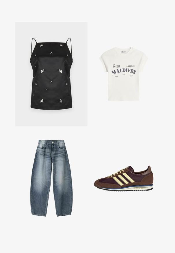 Čierny saténový top s tenkými ramienkami, ktorý má rozptýlené krystalické ozdoby a voľný strih. Hladká textúra a minimalistický dizajn.; Biely bavlnený tričko s krátkymi raglánovými rukávmi. Obsahuje grafický potlač "MALDIVES" v tmavosivej farbe, spolu s logami a dátumami 2008 a 2014.; Džínsy s širokými nohavicami vyrobené z svetlomodrého denim materiálu s opotrebovaním, s piatimi vreckami, zapínaním na gombík a minimálnym prešívaním.; Hnedé a bordové tenisky z semišu a sieťoviny, s tromi krémovými pruhmi, textúrovanou tkaninou na jazyku a gumovou podrážkou.