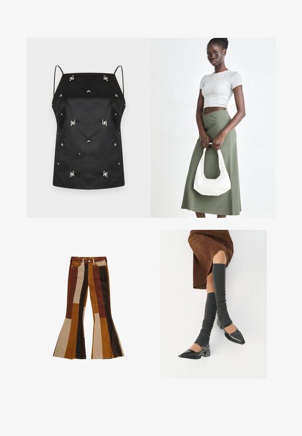 Czarna satynowa koszulka na ramiączkach z cienkimi paskami, ozdobiona rozproszonymi kryształowymi zdobieniami i luźnym krojem. Gładka faktura i minimalistyczny design.; Spodnie dzwony z wypustkami, w poziome paski w brązowym, jasnobrązowym i musztardowym kolorze. Charakterystyczny krój z wysokim stanem i pięcioma kieszeniami.; Czarne lakierowane buty na szpilce z prostokątnym obcasem i paskiem na kostce, zestawione z szarymi prążkowanymi ocieplaczami na nogi oraz brązową zamszową spódnicą.; Szary prążkowany crop top i oliwkowa spódnica o wysokim stanie. Modelka trzyma białą torebkę na ramię z wycięciami. Prosty design, dopasowany krój.