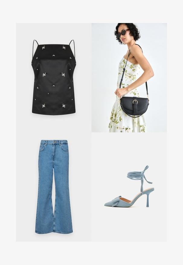 Fekete selyem camisole vékony pántokkal, szétszórt kristály díszítésekkel és laza fazonnal. Simább textúra és minimális dizájn.; Világoskék, trapézszárú farmernadrág, magas derékkal, öt zsebbel és egy gombos záródással. Puha tapintású, magasított effektusú anyag.; Hegyes orrú magassarkú cipő világoskék szövetből, texturált felülettel, masnis díszítéssel és bokapánttal a biztos illeszkedésért.; Fekete bőrtáska ívelt formával, levehető pánttal és arany színű fémrészekkel. A táskán egy csattal díszített fedél található.
