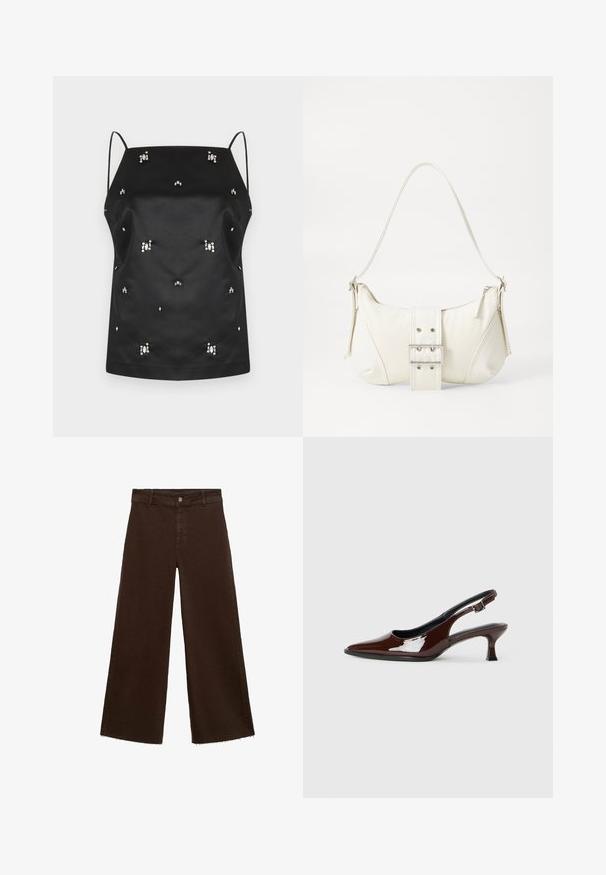 Camiseta de satén negro con tirantes finos, que presenta adornos de cristal dispersos y una forma relajada. Textura suave y diseño minimalista.; Pantalones de pierna ancha marrones en una mezcla de algodón, con un dobladillo deshilachado, cierre frontal de botón y diseño clásico de cinco bolsillos. Minimalistas y versátiles.; Zapato slingback de charol marrón con punta afilada y tacón moderado. Cuenta con una correa con hebilla para un ajuste seguro. Textura suave.; Bolso de hombro blanco con un acabado texturizado, un detalle de hebilla central y una forma curva. Cierres de cremallera a ambos lados.
