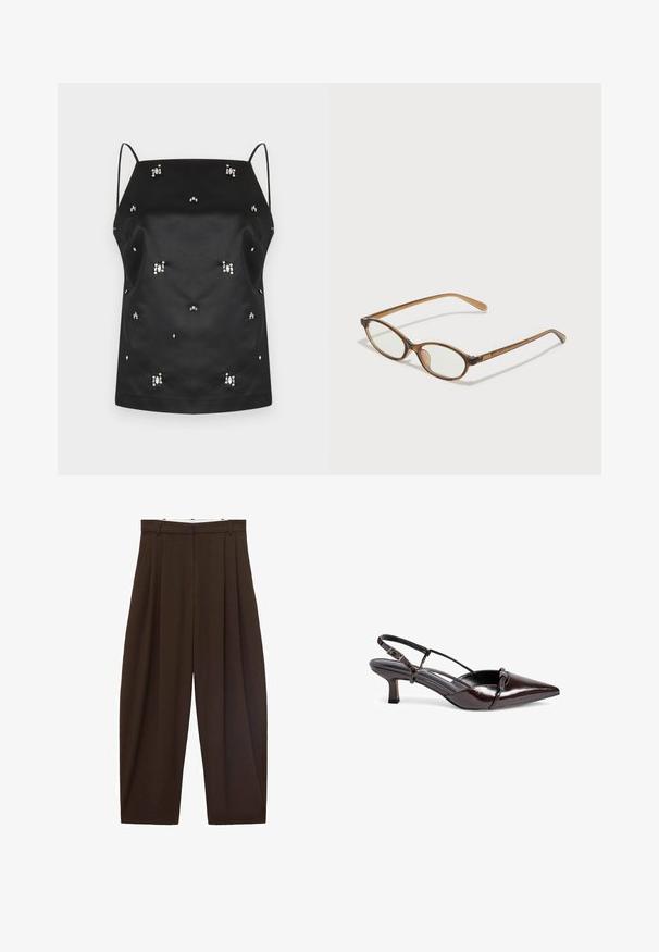 Sort satin camisole med tynde stropper, prydet med spredte krystaldekorationer og en afslappet pasform. Glat tekstur og minimalistisk design.; Brune højtaljede bukser med folder, lavet af glat stof. Løs pasform, straight leg design, med bæltestropper og lynlås.; Brun laklæder slingback pumpe med spids tå, lille blokhæle, krydsremdesign og dekorativ sløjfe detaljer foran.; Brune skildpaddemønstrede briller med ovale linser, tynde arme og gennemsigtige accenter. Har et diskret logo på stangen. Slankt, let design.; Brun ruskinds tote taske med læderdetaljer og en tynd lukkebånd, der har en blød, bred og let vinklet form.
