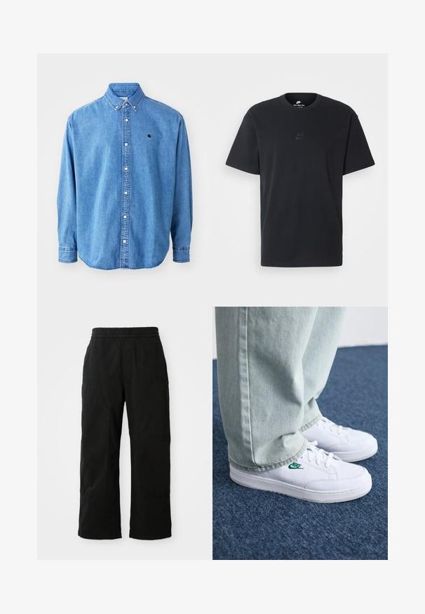 Jeansskjorta med knappar, ljusblå i färgen, med krage, långa ärmar och en liten logotyp på bröstet. Har vita knappar och sömmar.; Svart t-shirt i bomull från Nike med klassisk rund halsringning, korta ärmar och en diskret, präglad logotyp på bröstet. Slät textur.; Svarta bomullsbukser med elastisk midjeband, bred ben-design och stora sidofickor. Tyget verkar mjukt med en slät textur.; Vita lädersneakers med grön Nike-logga, rund tå, platt sula, kombinerade med ljusblå denimbyxor, visade på en blå matta.