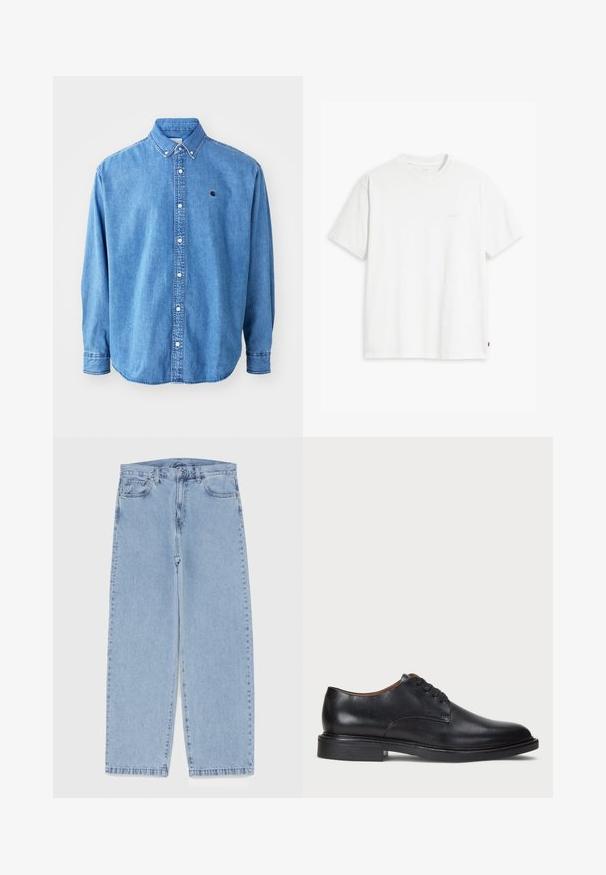 Denim košulja na dugih rukava, svijetloplave boje, s oštrim ovratnikom, dugim rukavima i malim logom na prsima. Sadrži bijele gumbe i šivanu šav.; Bijela pamučna majica kratkih rukava, s okruglim izrezom i suptilnim "Levi's" logotipom u svijetloj boji na prednjoj strani.; Svijetloplave traperice s ravnim nogavicama, sa srednjim strukom, pet džepova i zatvaranjem na dugme i patentni zatvarač.; Crne kožne cipele s okruglim vrhom, vezanjem i niskim stogom. Glatka tekstura s minimalnim šavovima.