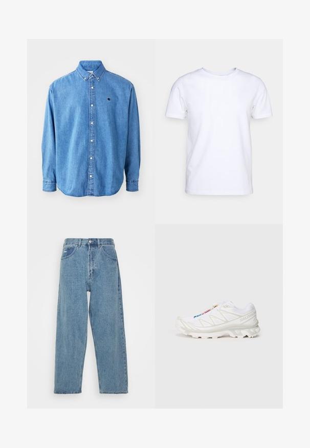 Jasnoniebieska koszula z denimu zapinana na guziki, z kołnierzykiem w kształcie punktu, długimi rękawami i małym logo na piersi. Posiada białe guziki i przeszycia.; Biała koszulka z krótkim rękawem wykonana z bawełnianego materiału, z okrągłym dekoltem. Prosty fason bez wzorów lub akcentów. Gładka tekstura.; Jasnoniebieskie dżinsy z wysokim stanem, luźnym krojem, z dwoma przednimi kieszeniami, tylną kieszenią naszywaną oraz zapięciem na guzik.; Białe buty sportowe z teksturowaną siateczką, odblaskowymi akcentami i wyprofilowaną podeszwą. Zauważalne logo marki z boku.