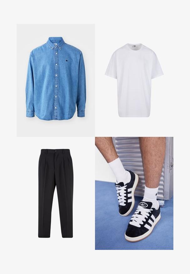 Denim zapneta srajca, svetlo modre barve, z ovratnikom z robom, dolgimi rokavi in manjšim logotipom na prsih. Ima bele gumbe in šivano šiv.; Bela bombažna majica s kratkimi rokavi, okroglim izrezom, sproščenim krojem in brez vidnih logotipov ali vzorcev. Gladka tekstura in minimalen dizajn.; Črne hlače z nabranim sprednjim delom, narejene iz gladkega materiala. Imajo gumbasto zapiranje in zanke za pas; ravne hlačnice.; Črne semiš teniske z belimi vezalkami in tremi belimi črtami. Imajo okroglo črno oznako na jezičku in gumijast podplat.