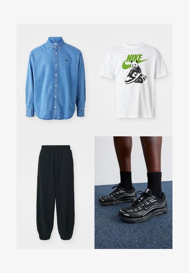 Denim button-up shirt, lichtblauw van kleur, met een puntkraag, lange mouwen en een klein logo op de borst. Voorzien van witte knopen en gestikte naden.; Witte katoenen T-shirt met een zwart-wit panda graphic die een Nike sneaker vasthoudt, met een groen Nike-logo erboven.; Zwarte, elastiche sweatpants met een losse pasvorm, manchetten aan de enkels, een zachte textuur en zonder zichtbare patronen of hardwareaccenten.; Zwarte Nike-schoenen hebben een bovenwerk van mesh met accentstreepjes, getextureerde veters en een zwarte rubberen zool. Draag ze met zwarte geribde sokken.