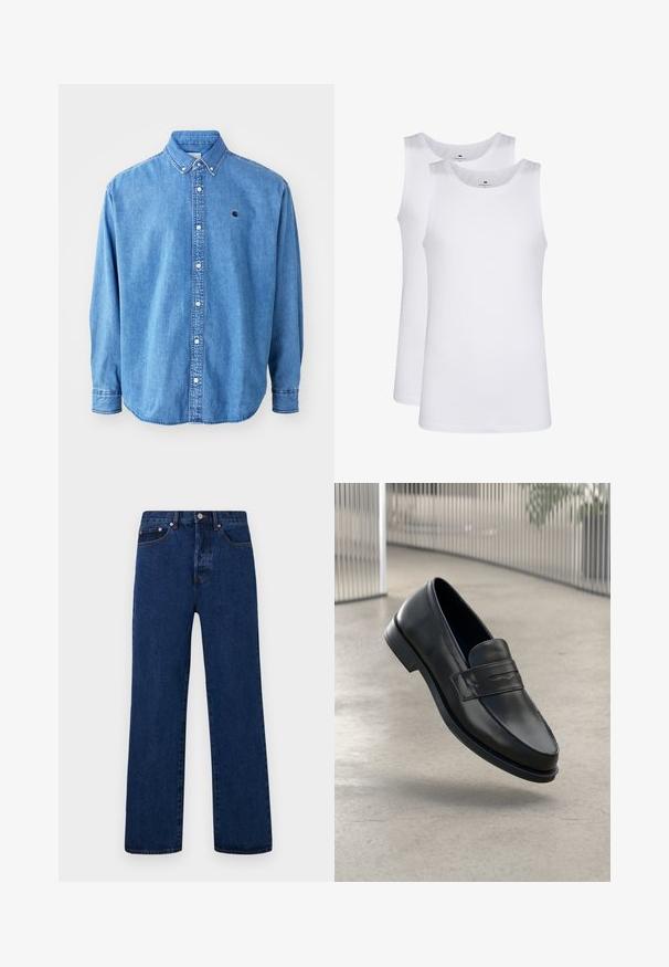 Denim zapneta srajca, svetlo modre barve, z ovratnikom z robom, dolgimi rokavi in manjšim logotipom na prsih. Ima bele gumbe in šivano šiv.; Beli bombažasti topi brez rokavov, okrogli ovratnik, enostavna tekstura, izdelani iz mehkega, lahkotnega blaga. Prikazani sta dve kosi.; Temno modri denim kavbojki s ravnim rezom, ki vključujejo oranžno šivanje, gumbasto zapiranje in dva sprednja žepa z kontrastnimi nitmi.; Črni usnjeni loafer z gladko teksturo, zašiljenim prstom in okrasnim trakom čez nart. Lahka podplat, minimalističen dizajn.