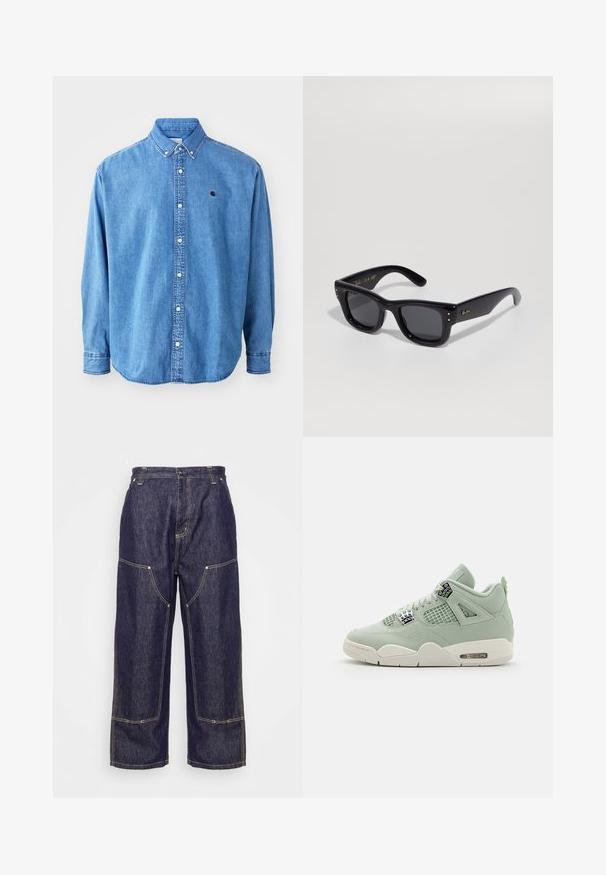 Camisa de denim abotonada, de color azul claro, con cuello de punta, mangas largas y un pequeño logotipo en el pecho. Cuenta con botones blancos y costuras cosidas.; Carhartt WIP NASH PANT SMITH - Vaqueros boyfriend - blue rinsed; Zapatilla verde claro con parte superior de cuero, paneles de malla, suela blanca y acentos distintivos. Cuenta con cordones y amortiguación de aire en el talón.; Gafas de sol negras con un acabado brillante, montura rectangular, lentes oscuros y acentos de logotipo dorado en las patillas. Dos puntos dorados en cada esquina frontal.; Collar de cadena de metal en tono dorado que presenta grandes eslabones entrelazados y un cierre seguro. Superficie lisa y brillante con un acabado pulido.