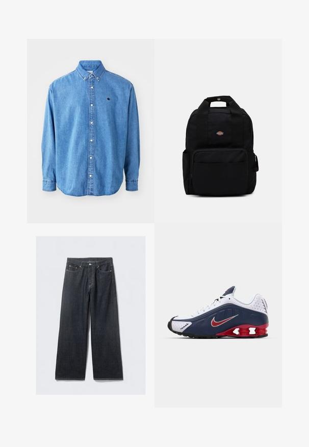 Denim-paitapaita, vaaleansininen, jossa on kaulus, pitkät hihat ja pieni logo rinnassa. Valkoiset napit ja ommeltu sauma.; Tummat farkut, joissa on leveät lahkeet ja korkeavyötärö, varustettu kuparinsävyisillä niiteillä ja kontrastivärisillä ompeleilla, sileä pintakuvio ja ilman näkyviä kuvioita.; Valkoinen ja tummansininen urheilujalkine punaisilla yksityiskohdilla, verkkomaisia paneeleita, pehmustettu kaulus ja erottuva pohjasuunnittelu, jossa näkyvät vaimennusyksiköt.; Musta reppu, joka on valmistettu kestävästä kankaasta, jossa on kaksi olkahihnaa, pääkahva ja etupuolella vetoketjullinen tasku. Logot etuosassa.