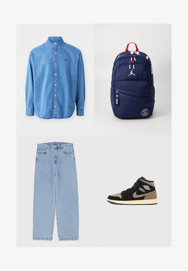 Gaiši zila džinsu krekla blūze ar pogām, ar punktveida apkakli, garām piedurknēm un mazu logo uz krūtīm. Iespējas ietver baltas pogas un šuvuma šuvumu.; Gai zila džinsu bikses ar taisnu kāju dizainu, kas piedāvā vidēju vidukļa augstumu, piecas kabatas un pogas un rāvējslēdzēja aizdari.; Augstpapēžu sporta apavi ar melnu un brūnu zamšādas virsmu, caurspīdīgu purngalu, bēšu viduspiezīm, melnām mežģīnēm un sudrabotu logu uz sāniem.; Jūras spēku mugursoma ar sarkaniem akcentiem, vairākiem ar rāvējslēdzējiem aizveramiem nodalījumiem, ar logotipa plāksteriem un regulējamām siksnām. Izgatavota no izturīga auduma.; Pelēka neilona krustsoma ar rāvējslēdzēja priekšējo kabatu, regulējamu melnu siksnu un melnu logotipa akcentu priekšpusē. Kompakts un viegls dizains.