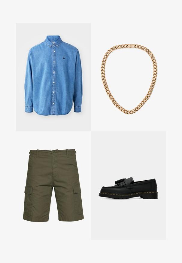Džinsinė marškinė su mygtukais, šviesiai mėlynos spalvos, su taškinėmis apykaklėmis, ilgomis rankovėmis ir maža logotipu ant krūtinės. Yra balti mygtukai ir siūlėmis siuvinėjimas.; Alyvuogių žaliai spalvos kroviniai šortai, pagaminti iš lengvos medžiagos, turintys dvi šonines kišenes su uždangomis, dirželių kilpas ir mygtuką.; Juodas oda loaferis su kutais, geltona siūlė aplink padą ir storas, briaunotas guminis padas.; Auksinės spalvos metalinė grandinėlė su didelėmis, susijungusiomis grandimis ir saugiu užsegimu. Lygus, blizgus paviršius su poliruotu užbaigimu.
