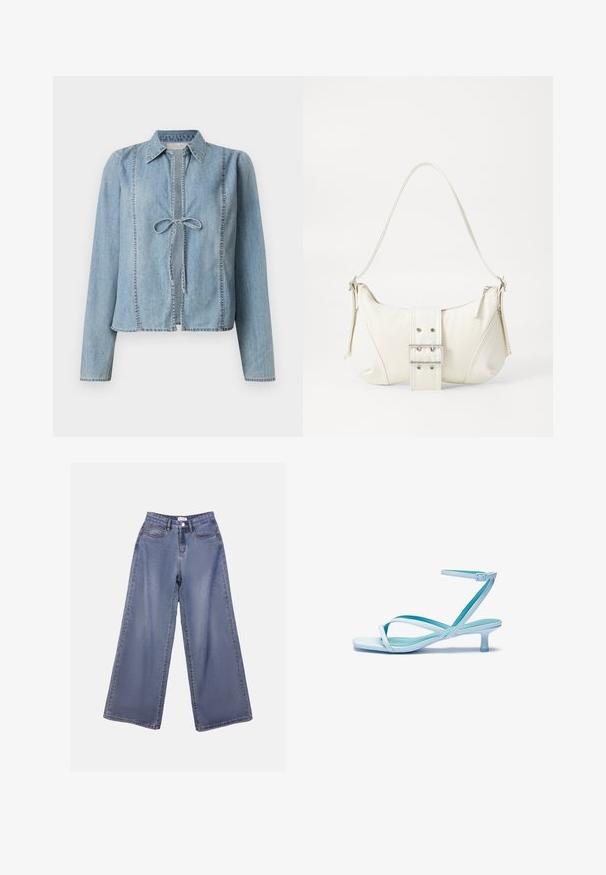 Gaiši zils denima jaka ar garām piedurknēm, priekšējo sasietu aizdari un delikātām izšuvuma detaļām. Iezīmē klasisku apkakli un taisnu griezumu.; Platas kājas denima bikses gaiši zils mazgājumā, ar augstu jostasvietu, priekšējām kabatām un pogu aizdari ar jostas cilpiņām.; Gaiši zila sandale ar siksnām, kvadrātveida purngalu, zemu papēdi, regulējamu potītes siksnu un gludu, spīdīgu apdari. Siksnas krustojumā uz zolītes.; Balts plecu soma ar teksturētu apdari, centrālu sprādzi un izliekta forma. Ražota ar rāvējslēdzēja aizdares abās pusēs.