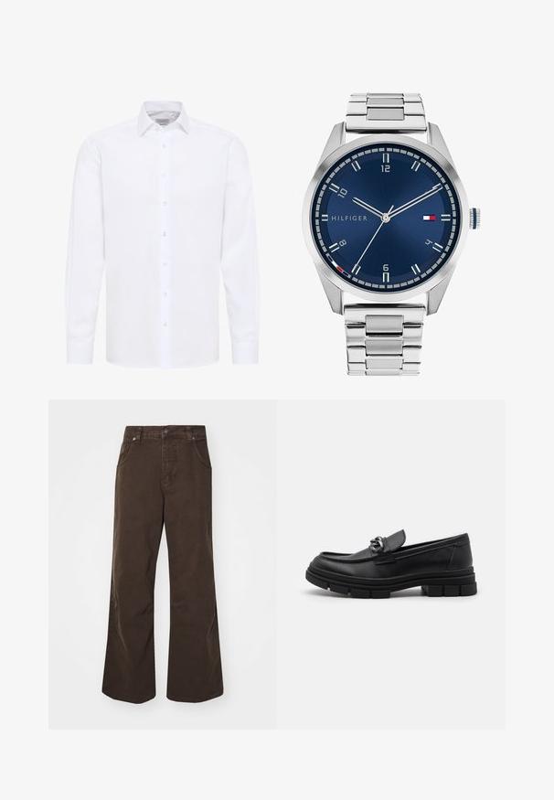 Weißes Hemd, lange Ärmel, Knopfleiste, klassischer Kragen, glattes Baumwollmaterial, mit subtiler Textur und klaren Knöpfen.; Braune weit geschnittene Baumwollhose mit hoher Taille, vorderen Taschen und glatter Textur. Die Verarbeitung umfasst dezente Steppdetails.; Schwarzer Lederloafer mit runder Zehenform, einem dekorativen Riemen und Hardware sowie einer robusten, strukturierten Sohle. Glatte Oberfläche mit dezenten Details.; Silberne Metall-Uhr mit einem gebürsteten blauen Zifferblatt, weißen Stundenmarkierungen und einem Datumsanzeiger. Verfügt über ein verlinktes Metallarmband und ein Markenlogo.; Silberne Halskette mit dicken Gliedern und einem zentralen runden Anhänger mit filigranen Details. Glatte, reflektierende Metalloberfläche.
