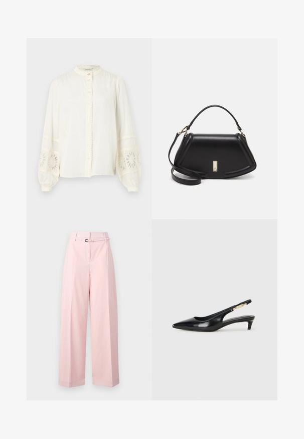Witte katoenen blouse met een mandarincol en knoopsluiting aan de voorkant, en opgezette lange mouwen met geborduurde bloemenkantaccenten.; Roze wijde broekspijpen gemaakt van gladde stof, met een hoge taille, riemlussen en een haak-en-oogsluiting. Professionele uitstraling met plooien.; Zwarte leren slingback hakken met een spitse neus, voorzien van een slanke hak en een goudkleurige accent op de verstelbare band. Gladde textuur.; Zwarte leren handtas met een gestructureerd ontwerp, featuring een verkorte vorm, bovenhandvat en gouden hardwareaccent. Inclusief verstelbare schouderband.