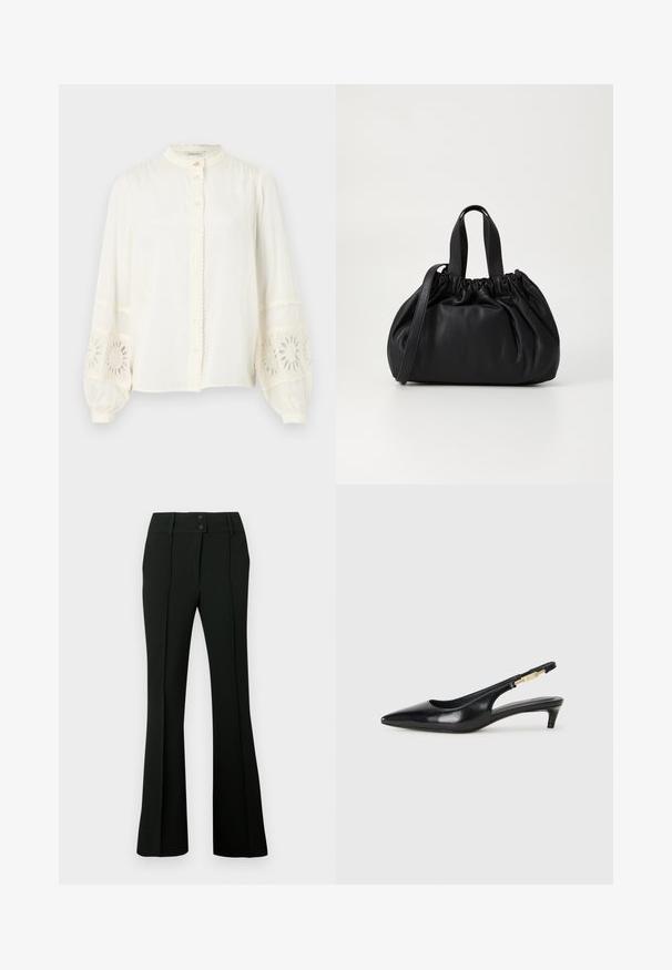 Valkoinen puuvillapusero, jossa on mandariinikaulus, nappikiinnitys ja puffaset pitkät hihat, joissa on brodeerattuja kukkakuvioita.; Musta levenevät housut, joissa on sileä kangas, korkea vyötärö, jossa on kaksi nappia, sekä etutaskut, jotka antavat räätälöidyn ilmeen.; Mustat nahkaiset slingback-korkokengät, joissa on terävä kärki, ohuet korot ja kultasävytteinen yksityiskohta säädettävässä hihnassa. Silkkinen pinta.; Musta nahkabag, jossa on kerätty yläosa. Varustettu kahdella lyhyellä kantokahvalla ja pitkällä säädettävällä hihnalla. Sileä pinta, pyöreä muoto.