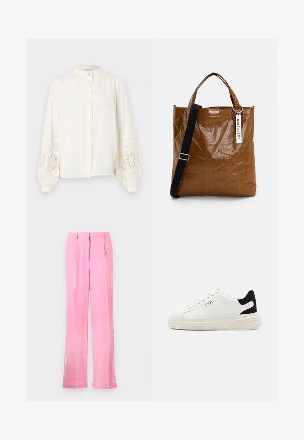 Hvid bomuldsbluse med mandarin krave, knap-lukning foran og puffede lange ærmer med broderede blomsterlacet detaljer.; Rosa linnedragt med en afslappet pasform, der har frontfolder, en knaplukning og sidelommer. Glat tekstur og lige ben-design.; Hvide lædersneakers med en tyk hvid sål, sort ruskindhælvægt og prægede logoer på siden. Snørebåndsdesign med seks øjer.; Brun tote bag lavet af tekstureret materiale med en krøllet overflade. Har korte håndtag, et langt justerbart rem og et logo-tag.