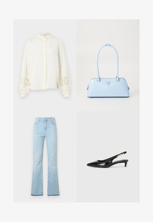 Biała bawełniana bluzka z kołnierzykiem mandarynkowym, z przodu zapinana na guziki, z długimi rękawami z puffami, zdobiona haftowanymi koronkowymi akcentami w kwiaty.; Jasnoniebieskie dżinsy w stylu dzwonów, wykonane z denimu, z wysokim stanem, przednimi kieszeniami i surowym wykończeniem u mankietów, idealne na co dzień.; Czarne skórzane szpilki typu slingback z ostrym noskiem, posiadające smukły obcas i złoty akcent na regulowanym pasku. Gładka tekstura.; Jasnoniebieska torebka o sztywnym kształcie, wykonana z gładkiej skóry, z dwoma uchwytami i trójkątnym logo marki z przodu. Zamek błyskawiczny.