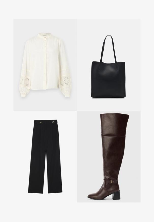 Hvit bomullsskjorte med mandarin-krage, knappfront og utblåste langermede som har broderte blomsterdetaljer i blonder.; Svart vide bukser med høy midje, knappdetaljer på midjebåndet og frontplisser.; Mørkebrune knelo lange lær støvler med blokkhæl og dekorativt bånddetaljer på siden, vist mot en enkel lys bakgrunn.; Svart lær tote bag med glatt tekstur, rektangulær form og to lange håndtak. Ingen synlige deler eller dekorasjoner.