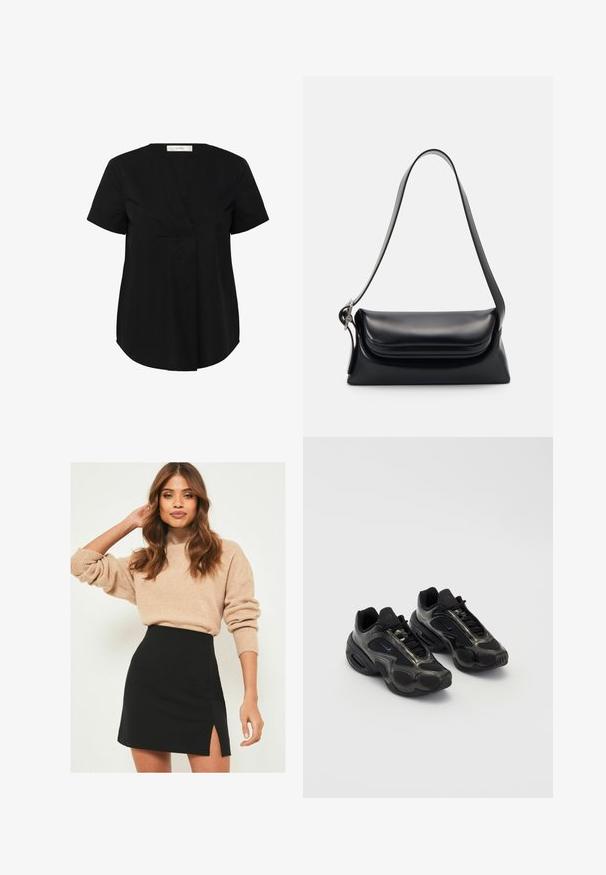 Juodas trumpomis rankovėmis viršus su šiek tiek išlenktu apvadu, turintis V formos iškirptę ir paslėptą priekinių raukšlę. Pagamintas iš lygaus, lengvo audinio.; Bežinis mezginys megztinis su rauktomis rankovėmis suderintas su juoda mini sijonu, turinčiu šoninio plyšio. Apranga turi laisvą, tačiau prigludusį siluetą.; Juodos sportinės bateliai su sintetine medžiaga, tinklelio akcentais ir apvaliais padais. Yra šniūriavimo sistema ir ryškus Nike logotipas ant liežuvio.; Juodas odinis rankinės krepšys su struktūrizuota forma, glotnia tekstūra ir viena petneša. Pasižymi subtiliu, apvaliu dangčiu.; Sidabrinis Casio kvarcinis laikrodis su stačiakampiu ciferblatu, analoginiais ir skaitmeniniais rodmenimis, nerūdijančio plieno apyranke ir atsparumu vandeniui.