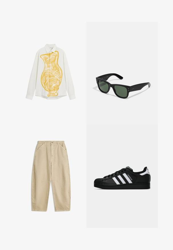 Witte shirt met een gemêleerde stof, voorzien van een grote gele vaas in schetsstijl op de voorkant. Klassieke kraag en knoopsluiting.; Brede beige katoenen broek met een hoge taille, voorzien van voorzakken en een sluiting met een knoop aan de voorkant. Soepele textuur met nette naden.; Zwarte Adidas Superstar sneaker met witte strepen, schelpneus en 'Superstar' tekst aan de zijkant, afgebeeld in zijaanzicht op een witte achtergrond.; Zwarte rechthoekige zonnebril met groene lenzen, matte afwerking, subtiele hardwareaccenten en een gegraveerd logo op de slaap.
