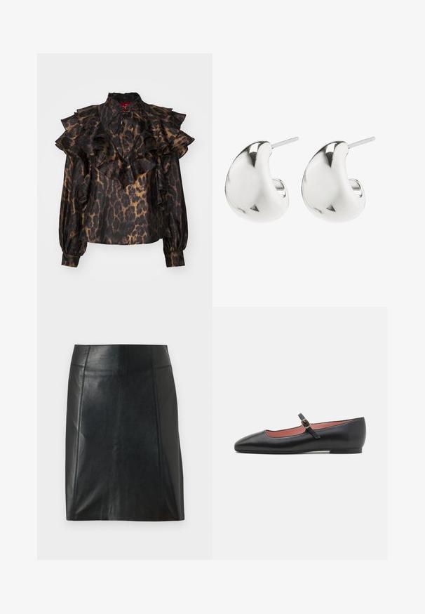 Blusa con stampa leopardata nera e marrone, con design arricciato, colletto alto e maniche lunghe. Presenta tessuto arricciato sulle spalle e ai polsini.; Gonna in pelle nera con un design aderente. Texture liscia, cuciture che delineano la forma e orlo dritto. Aspetto minimalista e slanciato.; Scarpa piatta nera in pelle con punta a forma appuntita e cinturino alla caviglia dotato di una fibbia d'oro. Texture liscia con una finitura leggermente lucida.; Orecchini a perno in argento con un design liscio e curvo. Presentano una finitura lucida e un fermo a perno per un indossamento sicuro.