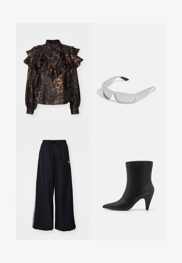 Zwarte en bruine luipaardprint blouse met ruches, hoge kraag en lange mouwen. Voorzien van gathering bij de schouders en manchetten.; Zwarte wijde pijpen broek gemaakt van lichtgewicht stof. Heeft een elastische tailleband met een trekkoord en witte zijstrepen. Merklogo op de heup.; Zwarte leren enkellaars met een spitse neus en een kegelvormige hak. Gladde textuur, slanke vorm en naadloos ontwerp.; Zilveren zonnebril met een slank, wikkelontwerp. Duidelijke lenzen en gestructureerde zwarte accenten op de armen. Lichtgewicht kunststof materiaal.; Zilveren hoepeloorbellen met rechthoekige en driehoekige heldere kristallen, gerangschikt in een cirkelvormig patroon met een centrale post voor het bevestigen.