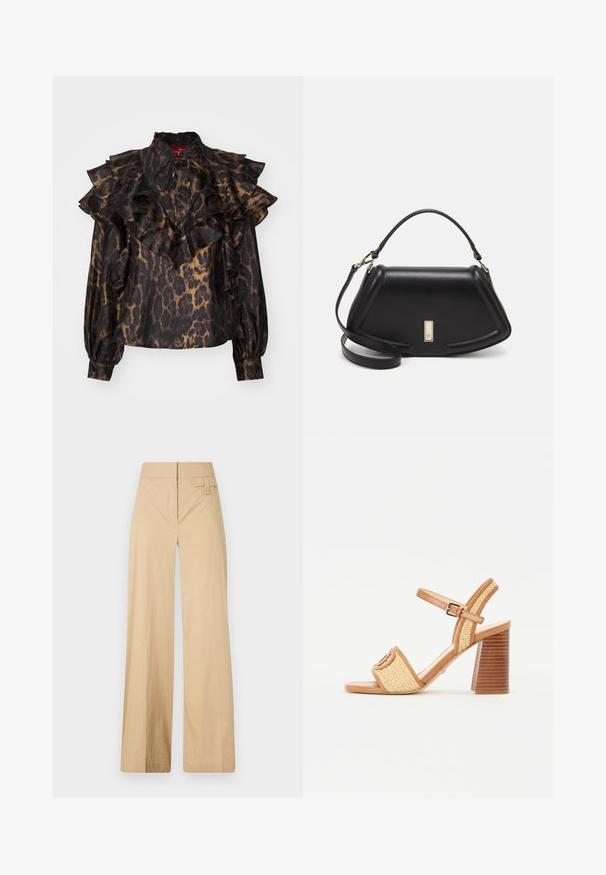 Mustard ja musta leopardimustriga pluus, millel on kortsus disain, kõrge kaelus ja pikad varrukad. Õlgadel ja randmetel on gathered kangas.; Beige laiad sääred püksid, mis on valmistatud puuvilla segakangast. Omavad siledat tekstuuri, elastset vöökohta ja külgmist nööbiga detaili.; Pruun nahast ja kootud õlgedest kontsakingad, millel on pahkluu rihm, avatud varvas ja tumesinine puidust stiilis konts, millel on horisontaalsed triibud.; Must mustrist käekott, millel on struktureeritud disain, lühendatud kuju, ülemine käepide ja kuldne metallist detail. Reguleeritav õlalihm on kaasas.