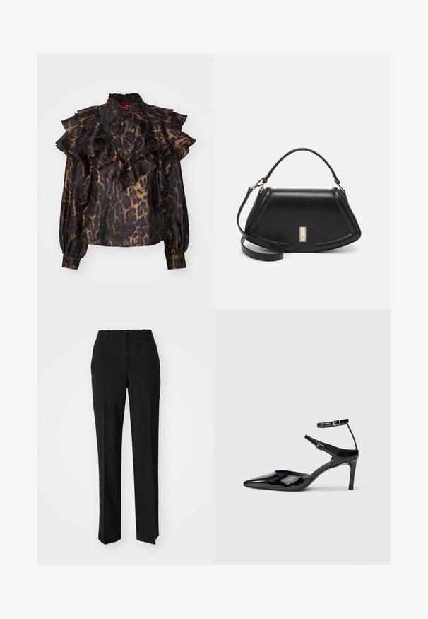 Blúzka s leopardím vzorom v čiernej a hnedej farbe, s volánkovým dizajnom, vysokým golierom a dlhými rukávmi. Obsahuje zhrnutú látku na ramenách a manžetách.; Čierne krajčírské nohavice so strihom rovného nohu, s hladkou textúrou a ostrými skladmi pozdĺž prednej časti. Žiadne viditeľné hardvér.; Čierne lakované lodičky s ostrou špicou, nastaviteľnými členkovými popruhmi a štíhlým podpätkom. Hladký povrch s lesklým finišom.; Čierna kožená kabelka so štruktúrovaným dizajnom, s krátkym tvarom, hornou rúčkou a zlatými prvkami. Súčasťou je nastaviteľný ramenný popruh.