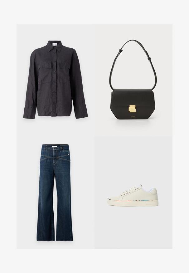 Svart linneskjorta med knäppning framtill, två bröstfickor, långa ärmar och klassisk krage. Texturerad tyg med avslappnad passform.; Breda jeans i mörkblå denim med hög midja, två framfickor och kontrasterande sömdetaljer.; Off-white lågskor med snörningsdesign, vit inredning, och subtil flerfärgad trim längs sålens kant, sidovy.; CLOSED CLOSED ONE - Axelremsväska - black