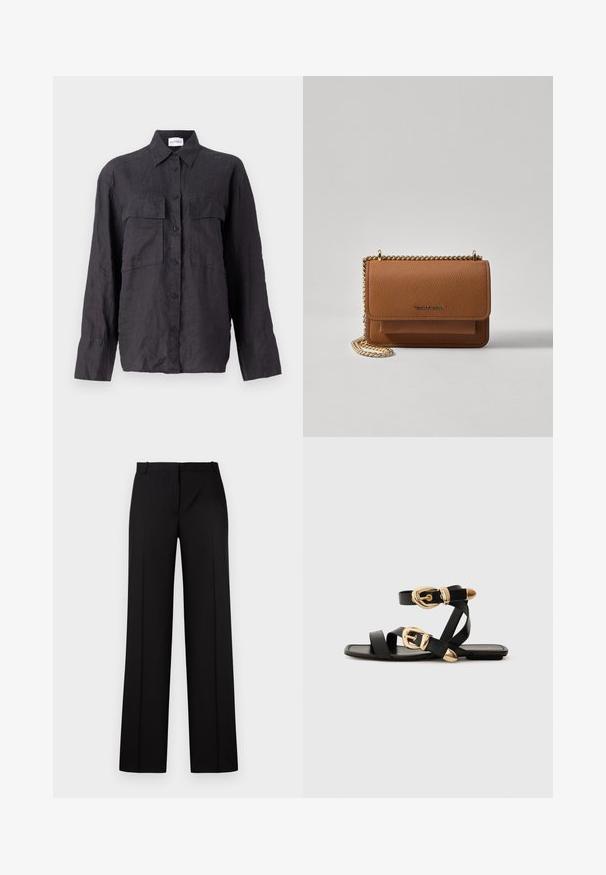 Crna lanena košulja s gumbom sprijeda, dva džepa na prsima, dugim rukavima i klasičnim ovratnikom. Teksturirani materijal s opuštenim krojem.; Crne krojene hlače s ravnim nogavicama, koje imaju glatku teksturu, ravni pojas i bez vidljivih metalnih dijelova ili ukrasa.; Crne kožne sandale s zlatnim kopčama, s više trakica i ravnim đonom za nošenje s otvorenim prstima.; Smeđa kožna torba preko tijela s teksturom, zlatnim lančićem i preklopom na zatvaranju. Na prednjoj strani nalazi se detalj s potpisom i džep ispod preklopa.