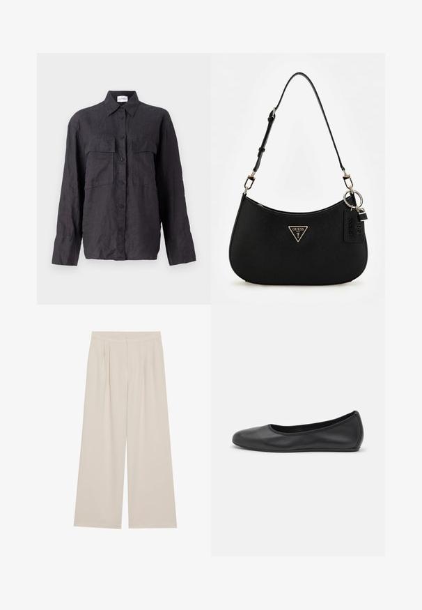 Must mustri särk nööpidega esiosal, kahe rinna taskuga, pikad varrukad ja klassikaline krae. Tekstuuriga kangas ja lõdva istuvusega.; Beezid laiad püksid, millel on lame esiosa, voldid ja elastne vöökoht. Valmistatud kergest kangast, millel on sile tekstuur.; Musthave mustika tantsutossud mustast nahast, ümmarguse varbaga, siledast tekstuurist, minimaalse õmblusdetailiga ja paindliku tallakujundusega.; Must zwart sünteetilisest materjalist õlakotil on kaarjas siluett, struktureeritud viimistlus, kultne kolmnurga logo ja eemaldatavad metallaktsendid.