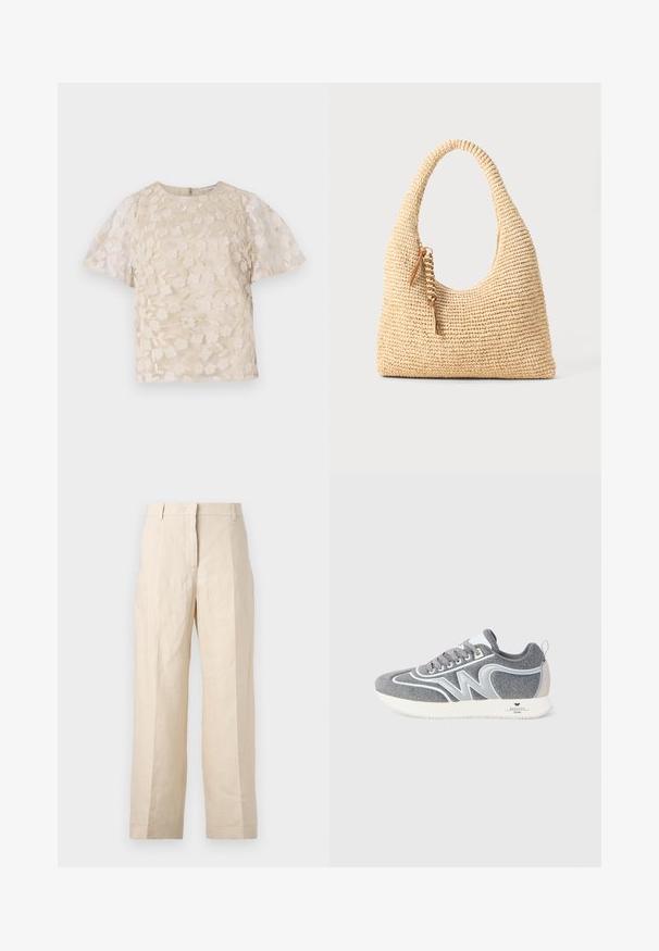 Blusa bege com bordado floral, mangas bufantes transparentes, decote redondo e fecho de zipper nas costas. Padrão floral texturizado no painel frontal.; Calças de linho bege com um corte solto, frente plissada e pernas retas. Apresentam uma cintura com passantes para cinto e sem bolsos visíveis.; Sapatilha de cano baixo em cinza e branco com atacadores, design em "W" na lateral e uma sola branca com a marca "Weekend Max Mara" no calcanhar.; Bolsa bege trançada com uma alça curva, superfície texturizada e detalhe de franjas castanhas. Apresenta um formato descontraído e estilo hobo.