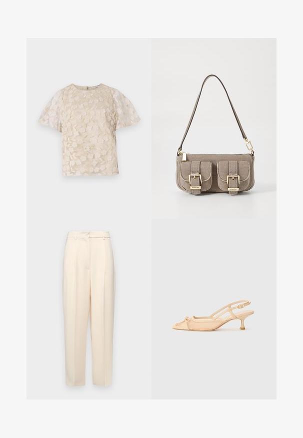 Beige Bluse mit floralem Stickmuster, durchsichtigen Puffärmel, Rundhalsausschnitt und Reißverschluss hinten. Texturiertes Blumenmuster auf der Vorderseite.; Beige maßgeschneiderte Hose mit geradem Schnitt, mit Falten an der Vorderseite, einer glatten Textur und einer mittelhohen Taille. Keine sichtbaren Taschen.; Stuart Weitzman KITTY - Pumps - beige/barely beige; Beige strukturiertes Handtäschchen mit verstellbarem Tragegurt, zwei vorderen Taschen, die mit Schnallen gesichert sind, und goldenen Metallakzenten. Reißverschlussöffnung oben.