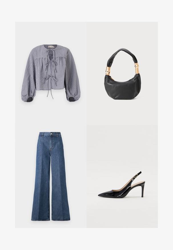 Bluzka w kratę w kolorze granatowym i białym, krótka, z okrągłym dekoltem, marszczonym korpusem oraz długimi bufkami z elastycznymi mankietami i wiązaniami.; Szerokie niebieskie dżinsy z wysokim stanem, wyposażone w klasyczny pięciokieszeniowy styl i zapięcie na guzik, wykonane z teksturowanej bawełny.; Czarne lakierowane szpilki typu slingback z szpiczastym noskiem, smukłym obcasem i subtelnym wycięciem. Posiadają złotą klamrę na pasku.; Czarna skórzana torebka o okrągłym kształcie, miękkiej fakturze i wiązanym uchwycie z akcentami w złotym odcieniu. Zamek błyskawiczny.