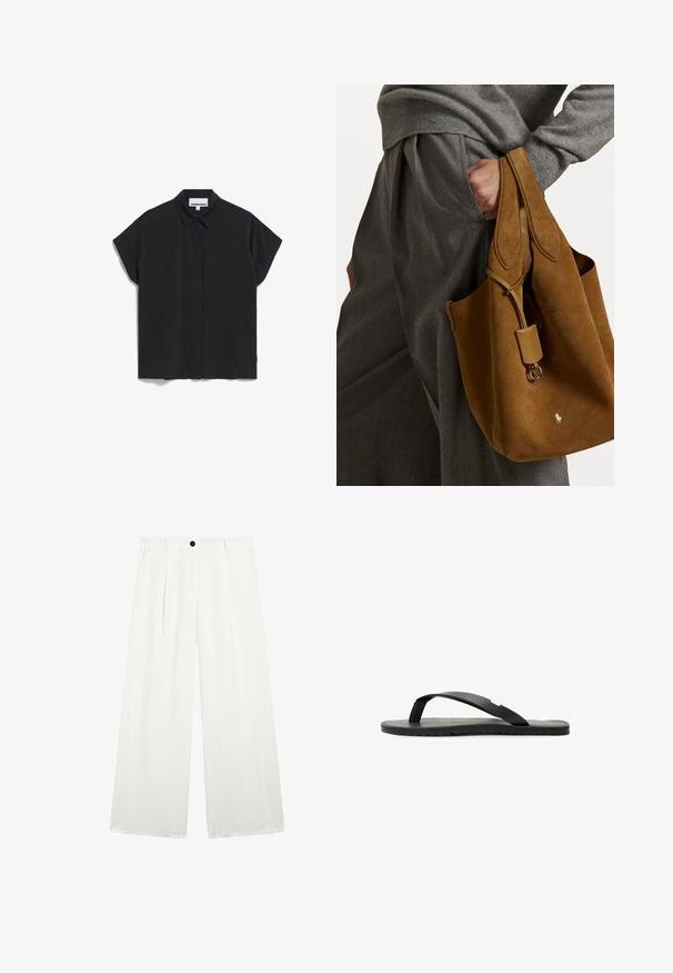 Black short-sleeve shirt with a collar, featuring a clean, minimalist design and smooth fabric texture, button-up front, and no visible patterns.; Wide-leg trousers in white fabric, featuring a single black button at the waist, two front pockets, and a smooth, crisp texture.; Black flip-flop sandal with a flat sole, textured black insole, smooth straps, and a small gold accent near the toe post.; Brown suede tote bag with rounded shape, dual handles, and a metal hardware accent. Features a small logo on the front.