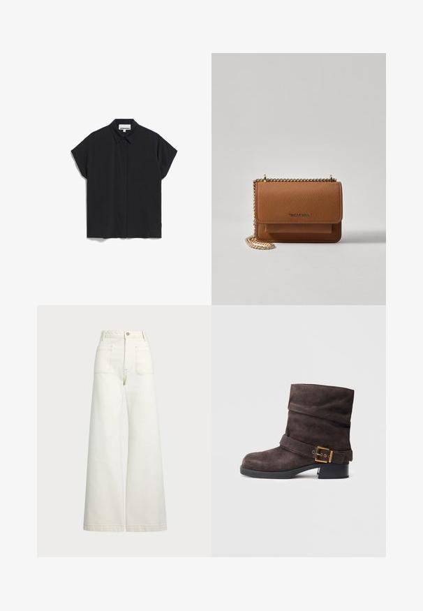 Schwarzes Kurzarmhemd mit Kragen, das ein sauberes, minimalistisches Design und eine glatte Stoffoberfläche aufweist, Knopfleiste vorne und keine sichtbaren Muster.; Weite Jeans aus off-white Denim. Hoch tailliertes Design mit Knopfverschluss, zwei Fronttaschen und kontrastierenden Stickdetails.; Braune Wildleder-Stiefelette mit einem lässigen Design, einem Schnallenriemen und einem niedrigen schwarzen Absatz, die eine glatte Textur und eine klassische Form bieten.; Braune strukturierte Ledertasche mit goldener Kettenriemen und Klappenverschluss. Die Vorderseite zeigt ein Logo-Detail und eine Tasche unter der Klappe.