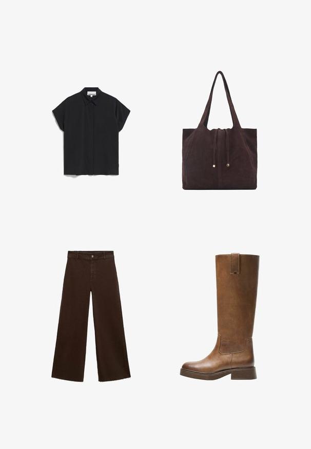 Black short-sleeve shirt with a collar, featuring a clean, minimalist design and smooth fabric texture, button-up front, and no visible patterns.; Brown wide-leg trousers in cotton blend, featuring a frayed hem, front button closure, and classic five-pocket design. Minimalistic and versatile.; Brown leather knee-high boot with a rounded toe, textured surface, and a stacked low heel. Features a side panel and pull tab at the top.; Mango Tote bag - dark brown