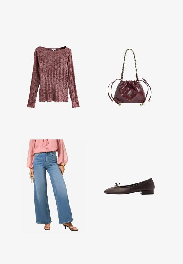 Čipkasta majica dugih rukava u boji prašnjate ruže, s širokim izrezom, teksturiranim cvjetnim uzorkom i slobodnim krojem s valovitim rubom.; Svijetloplavi traperice s visokim strukom i širokim nogavicama, klasične traper finiša. Uparen s ružičastim bluzom s volanima i crnim sandalama s visokom potpeticom.; Smeđi kožni baletni stan sa zaobljenim prstima i malim blok-petama. Ima tanak mašnu na prednjem delu i suptilne šavove.; Burgundska kožna torba na vezicu s lančanim drškom, skupljenim vrhom, metalnim detaljima i logotipom na dnu. Glatka, sjajna tekstura.