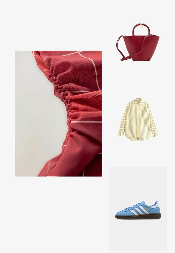Cămașă galbenă cu dungi verticale, cu mâneci lungi, guler clasic, nasturi în față, buzunar și tiv rotunjit. Prezintă dungi verticale de culoare albastru marin.; Țesătură roșie, texturată, cu detalii pliate și modele lineare albe, având un aspect neted și ușor lucios.; Adidași din suede albastru deschis cu dungi de piele albă, talpă texturată maro și detalii cu logo auriu. Design low-top cu vârf rotunjit.; Geantă de mână din piele roșie, cu un vârf rotunjit, formă conică structurată, mânere scurte și curea de umăr detasabilă. Prezentă accente de hardware aurii.