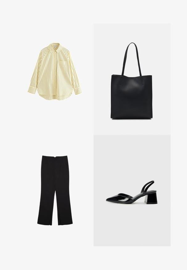 Geel gestreepte longsleeve shirt met een klassieke kraag, knopen aan de voorkant, een zak en een afgeronde zoom. Bevat marineblauwe verticale strepen.; Zwarte broek met een rechte pasvorm, voorzien van zijzakken en plooien aan de onderzijde. Gemaakt van zachte, gladde stof. Geschikt voor verschillende gelegenheden.; Zwarte gepatineerde leren slingback hakken met een spitse neus en een geometrische blokhak. Kenmerkt zich door een slank, minimalistisch ontwerp en een gladde textuur.; Zwarte leren handtas met een gladde textuur, rechthoekige vorm en twee lange handvaten. Geen zichtbare hardware of versieringen.
