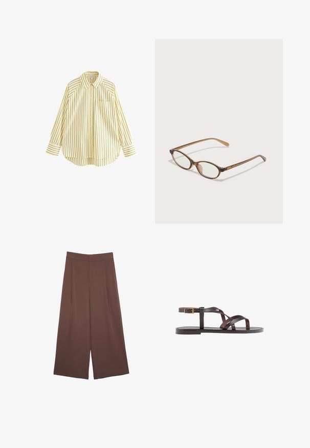 Chemise à manches longues rayée jaune avec col classique, boutons à l'avant, poche et ourlet arrondi. Présente des rayures verticales bleu marine.; Pantalons larges marron avec une texture lisse, dotés d'une taille haute et de plis à l'avant. Le tissu est léger et tombe de manière fluide.; Sandale en cuir marron avec des brides entrecroisées, une fermeture à boucle à la cheville et une semelle plate avec des détails de couture minimaux.; Lunettes en écaille de tortue marron avec des verres ovales, des branches fines et des accents transparents. Présente un logo subtil sur la branche. Design élégant et léger.