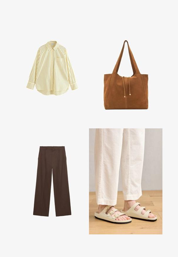 Geel gestreepte longsleeve shirt met een klassieke kraag, knopen aan de voorkant, een zak en een afgeronde zoom. Bevat marineblauwe verticale strepen.; Bruine wijde broek gemaakt van een gladde stof, met een hoge taille, voorplooien en twee zijzakken.; Lichtbeige sandalen met drie verstelbare banden met metalen gespen, een gewatteerde voetbed en een zwarte rubberen zool.; Bruine suède schoudertas met twee lange hengsels, trekkoordsluiting en minimalistisch ontwerp. Gladde textuur en geen zichtbare hardware-accenten.
